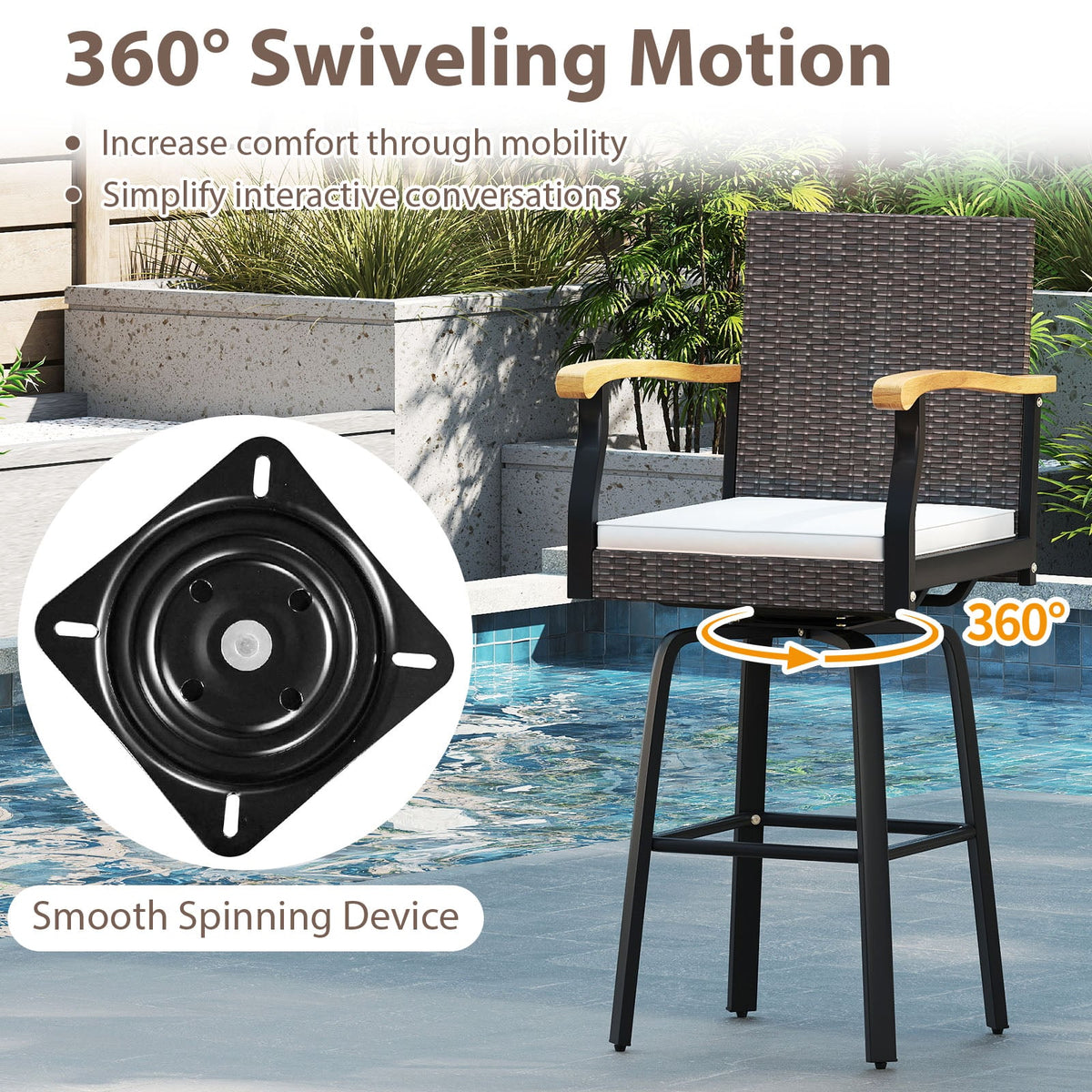 Set of 2 Outdoor 360° Swivel Bar Stool with Cushion and Acacia Wood Armrests-Outdoor Bar Furniture-DECOROLALA