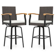 Set of 2 Outdoor 360° Swivel Bar Stool with Cushion and Acacia Wood Armrests-Outdoor Bar Furniture-DECOROLALA