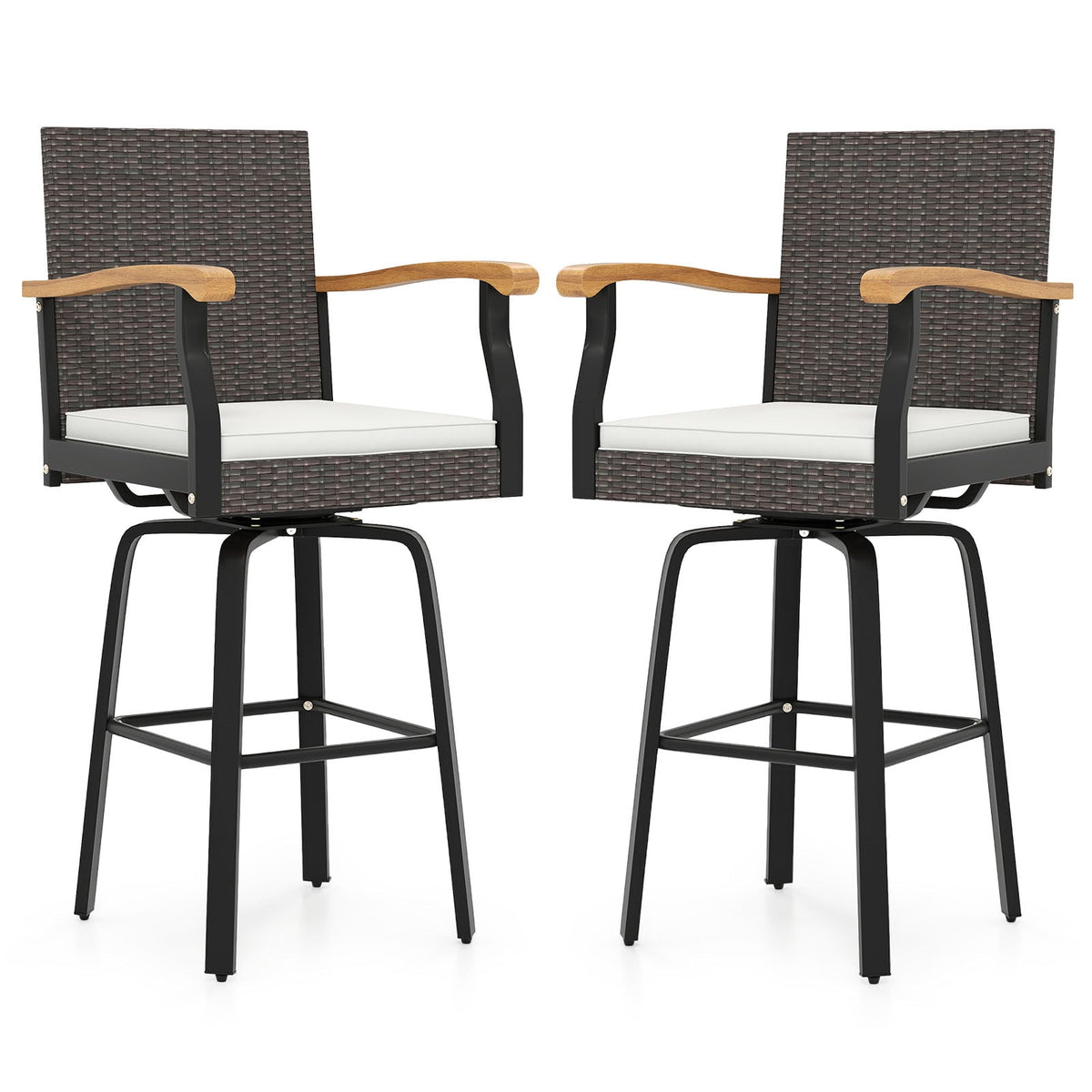 Set of 2 Outdoor 360° Swivel Bar Stool with Cushion and Acacia Wood Armrests-Outdoor Bar Furniture-DECOROLALA