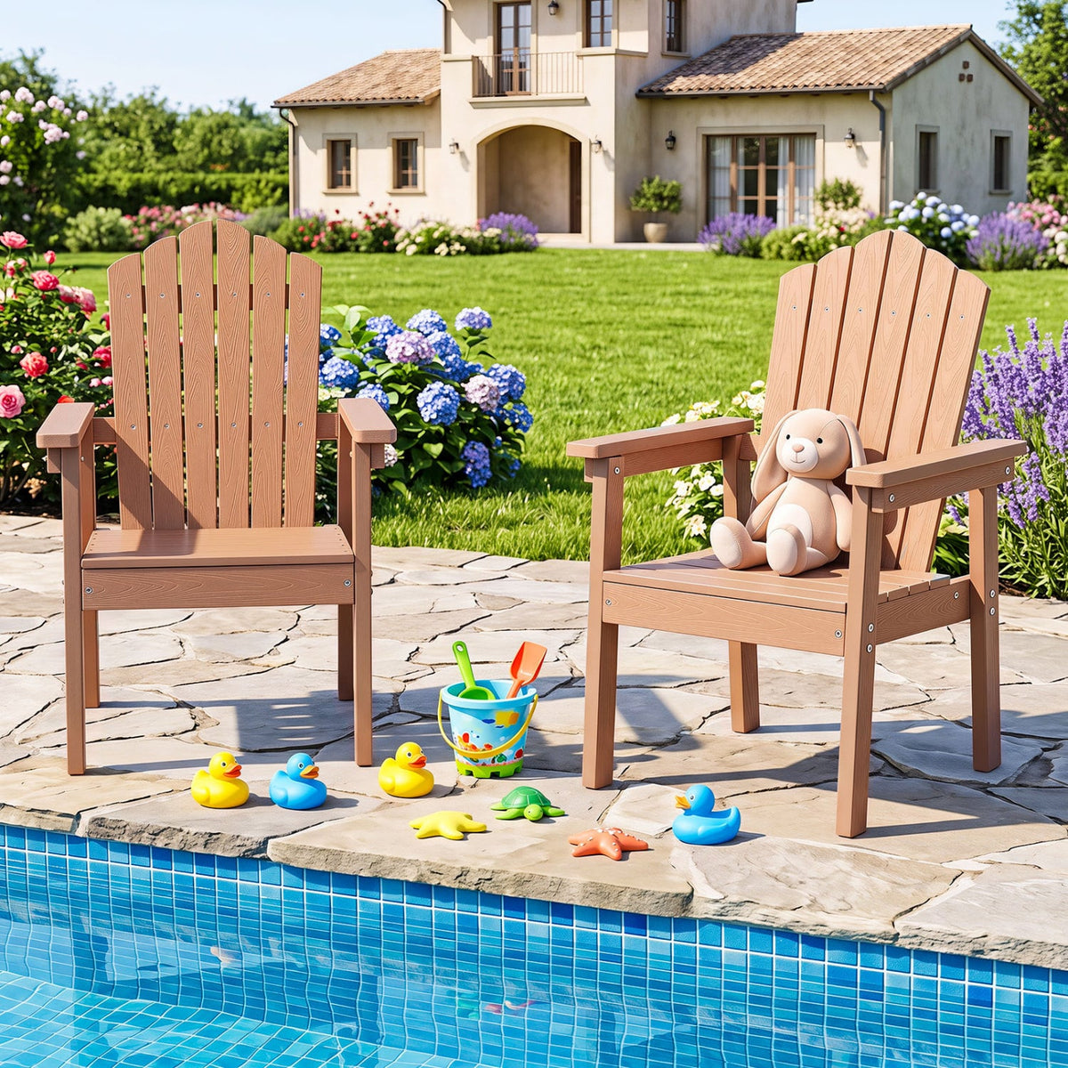 Set of 2 Outdoor Adirondack Chair with High Backrest Wide Armrests and Angled Seat for Deck-Brown-Adirondack Chairs-DECOROLALA