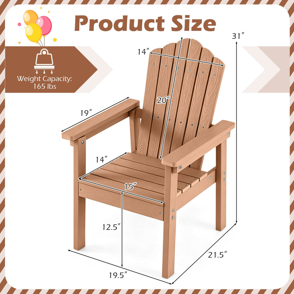 Set of 2 Outdoor Adirondack Chair with High Backrest Wide Armrests and Angled Seat for Deck-Brown-Adirondack Chairs-DECOROLALA