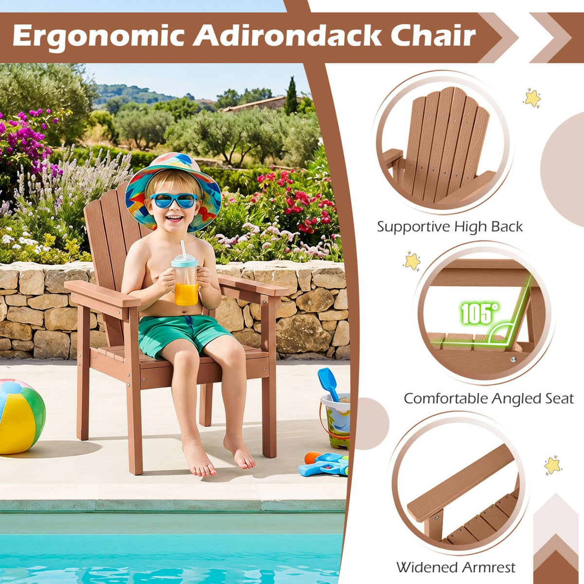 Set of 2 Outdoor Adirondack Chair with High Backrest Wide Armrests and Angled Seat for Deck-Brown-Adirondack Chairs-DECOROLALA