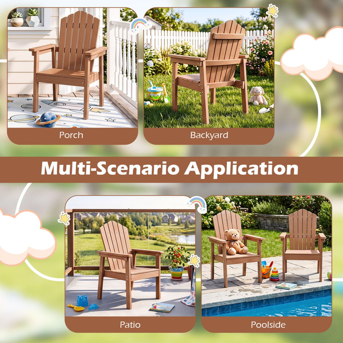 Set of 2 Outdoor Adirondack Chair with High Backrest Wide Armrests and Angled Seat for Deck-Brown-Adirondack Chairs-DECOROLALA