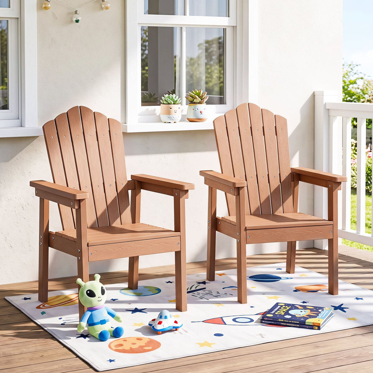 Set of 2 Outdoor Adirondack Chair with High Backrest Wide Armrests and Angled Seat for Deck-Brown-Adirondack Chairs-DECOROLALA