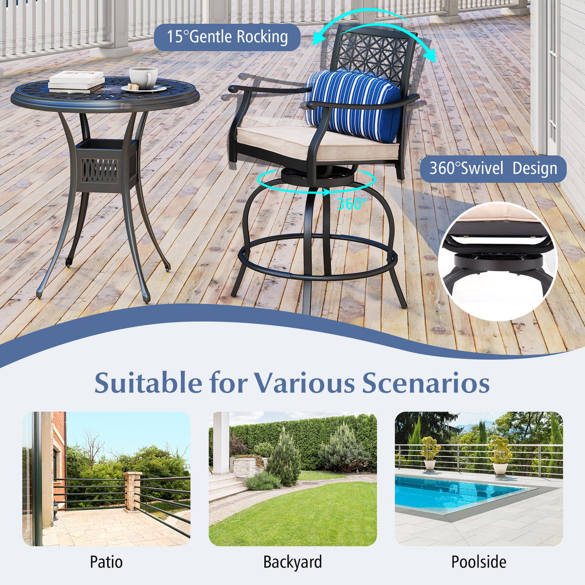 Set of 2 Outdoor Bar Height Chair with Soft Cushions-Outdoor Bar Furniture-DECOROLALA
