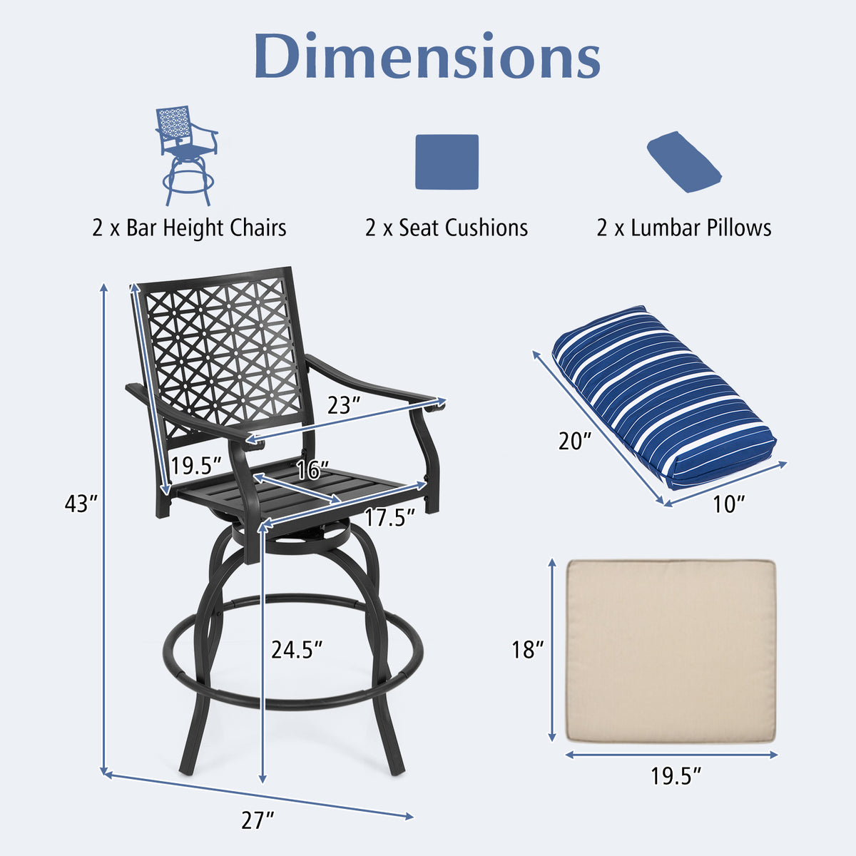 Set of 2 Outdoor Bar Height Chair with Soft Cushions-Outdoor Bar Furniture-DECOROLALA