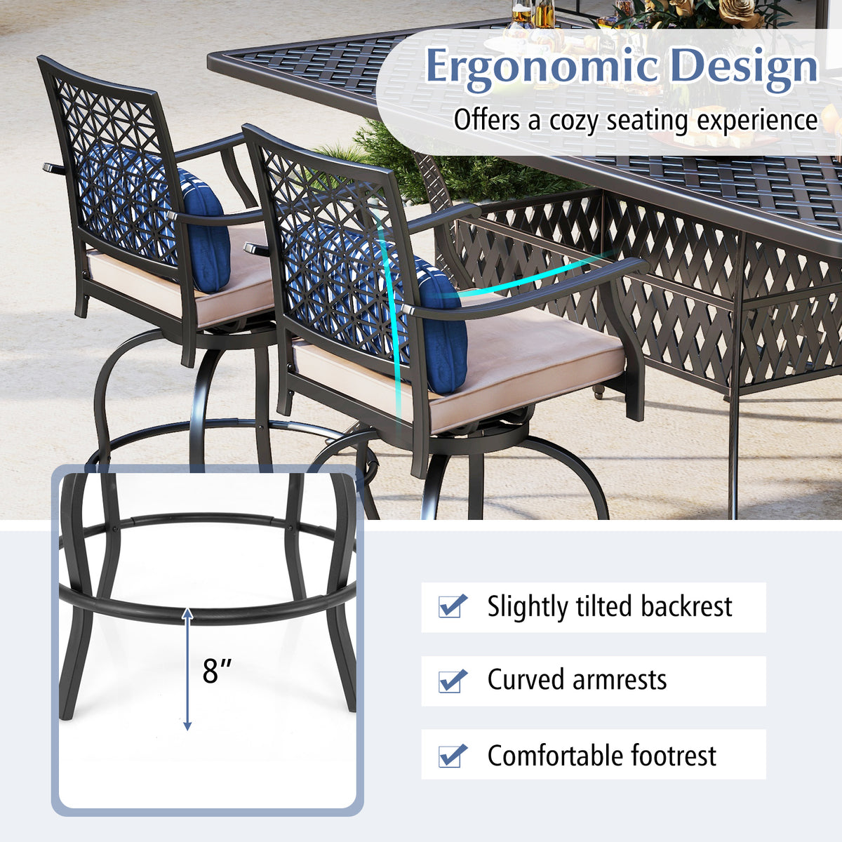 Set of 2 Outdoor Bar Height Chair with Soft Cushions-Outdoor Bar Furniture-DECOROLALA