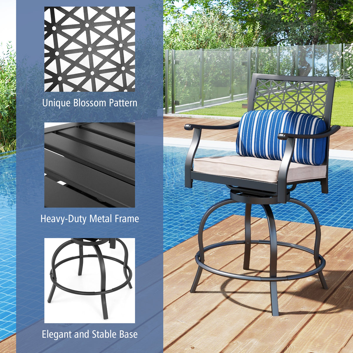 Set of 2 Outdoor Bar Height Chair with Soft Cushions-Outdoor Bar Furniture-DECOROLALA