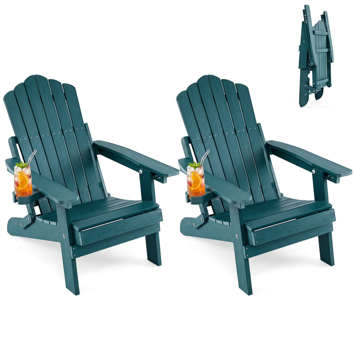 Set of 2 Outdoor Folding Adirondack Chair with Cup Holder and 5-Level Backrest-Green-Adirondack Chairs-DECOROLALA
