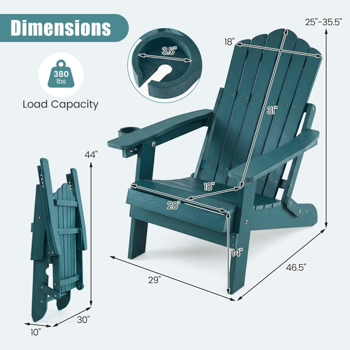 Set of 2 Outdoor Folding Adirondack Chair with Cup Holder and 5-Level Backrest-Green-Adirondack Chairs-DECOROLALA