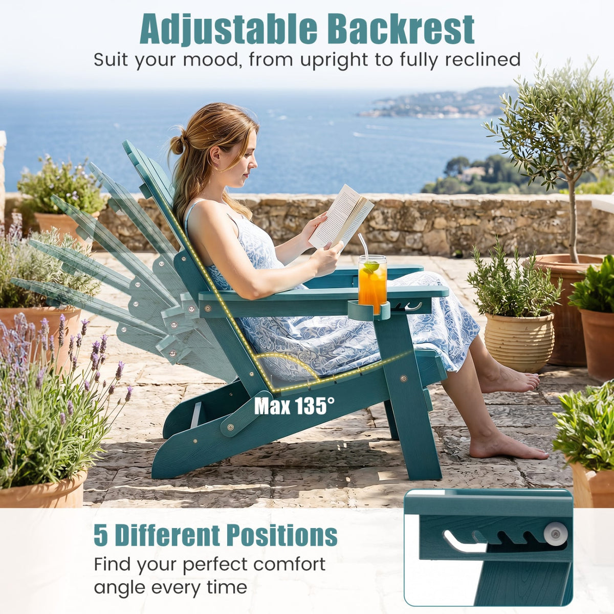 Set of 2 Outdoor Folding Adirondack Chair with Cup Holder and 5-Level Backrest-Green-Adirondack Chairs-DECOROLALA