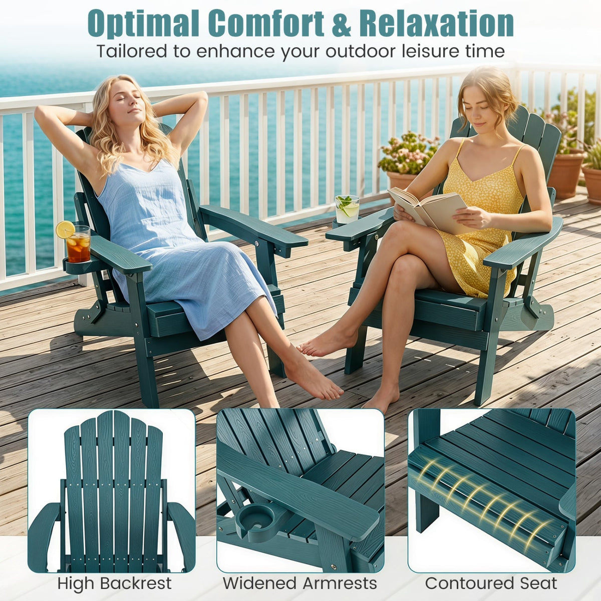 Set of 2 Outdoor Folding Adirondack Chair with Cup Holder and 5-Level Backrest-Green-Adirondack Chairs-DECOROLALA