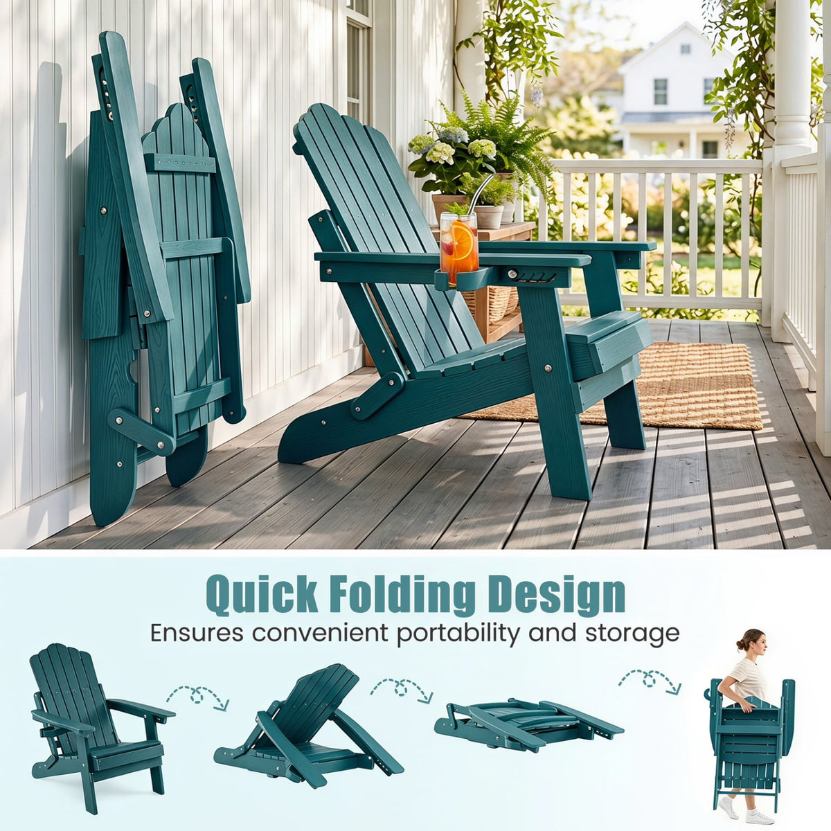 Set of 2 Outdoor Folding Adirondack Chair with Cup Holder and 5-Level Backrest-Green-Adirondack Chairs-DECOROLALA