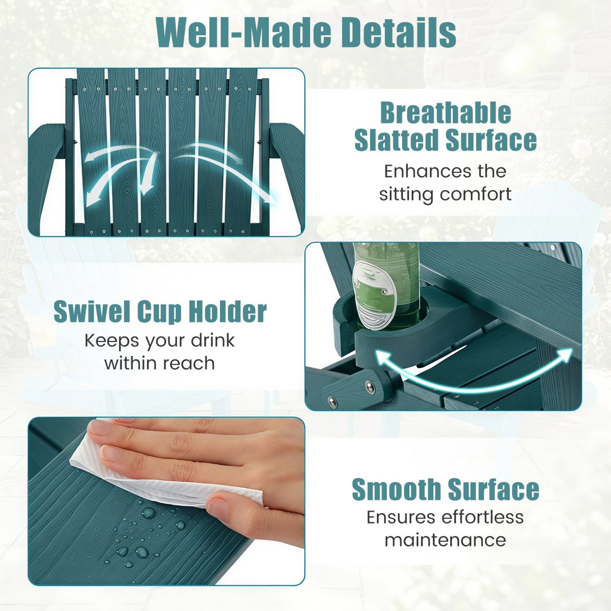Set of 2 Outdoor Folding Adirondack Chair with Cup Holder and 5-Level Backrest-Green-Adirondack Chairs-DECOROLALA