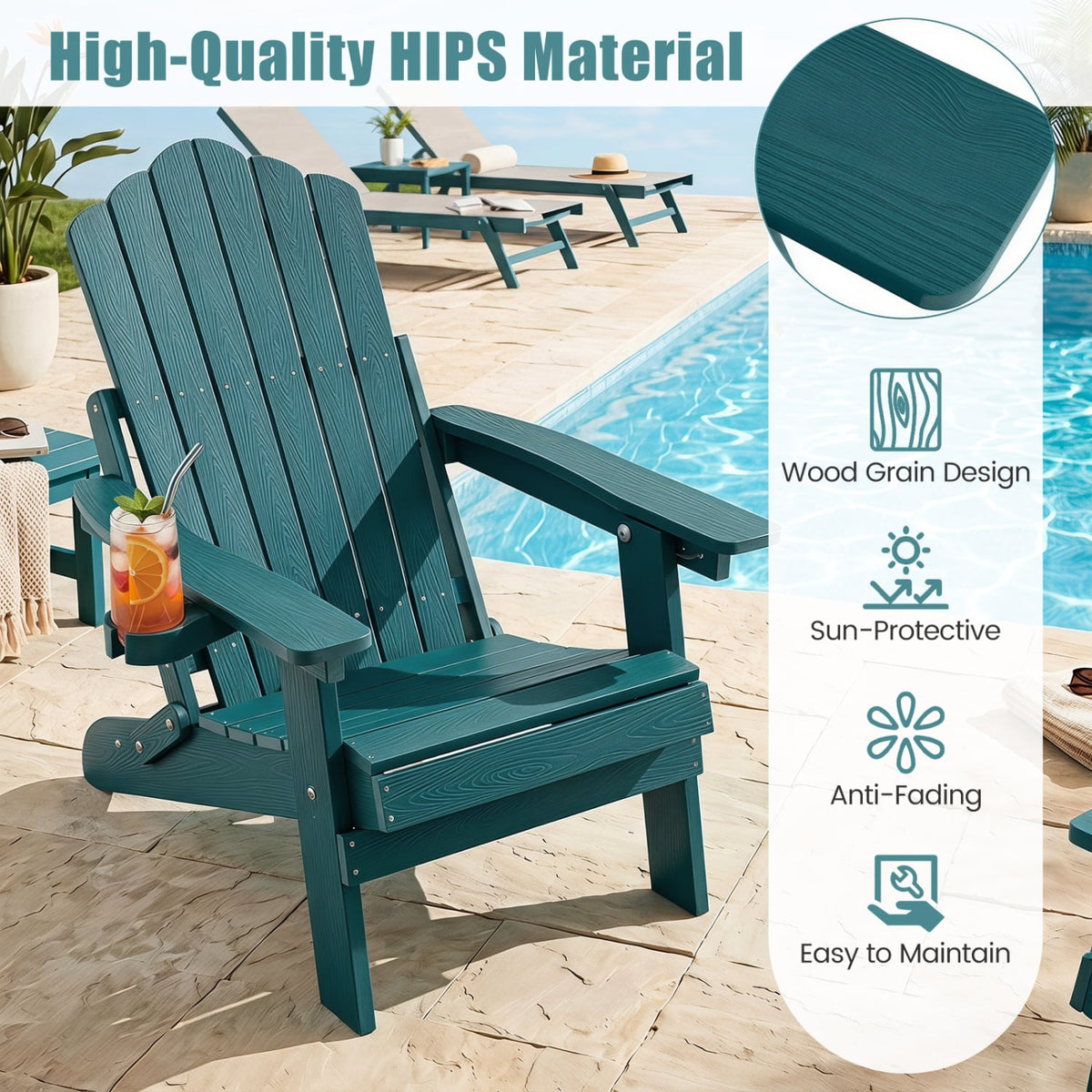 Set of 2 Outdoor Folding Adirondack Chair with Cup Holder and 5-Level Backrest-Green-Adirondack Chairs-DECOROLALA