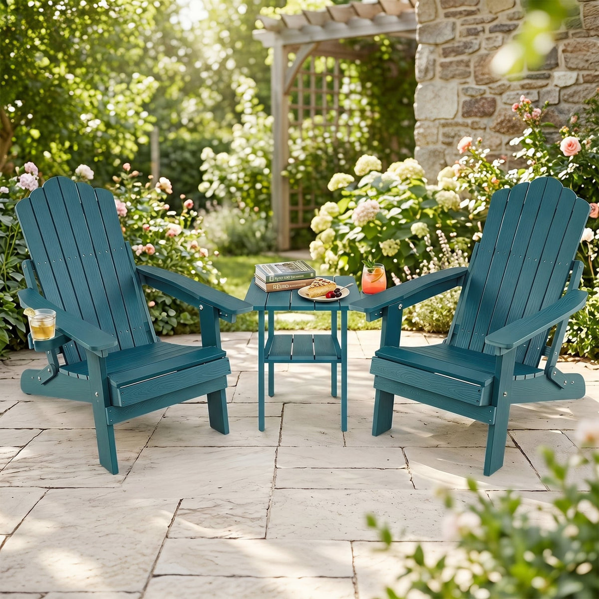Set of 2 Outdoor Folding Adirondack Chair with Cup Holder and 5-Level Backrest-Green-Adirondack Chairs-DECOROLALA