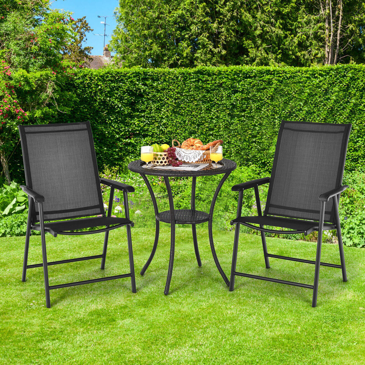 Set of 2 Outdoor Patio Folding Chair with Ergonomic Armrests-Black-Patio Dining Chairs-DECOROLALA