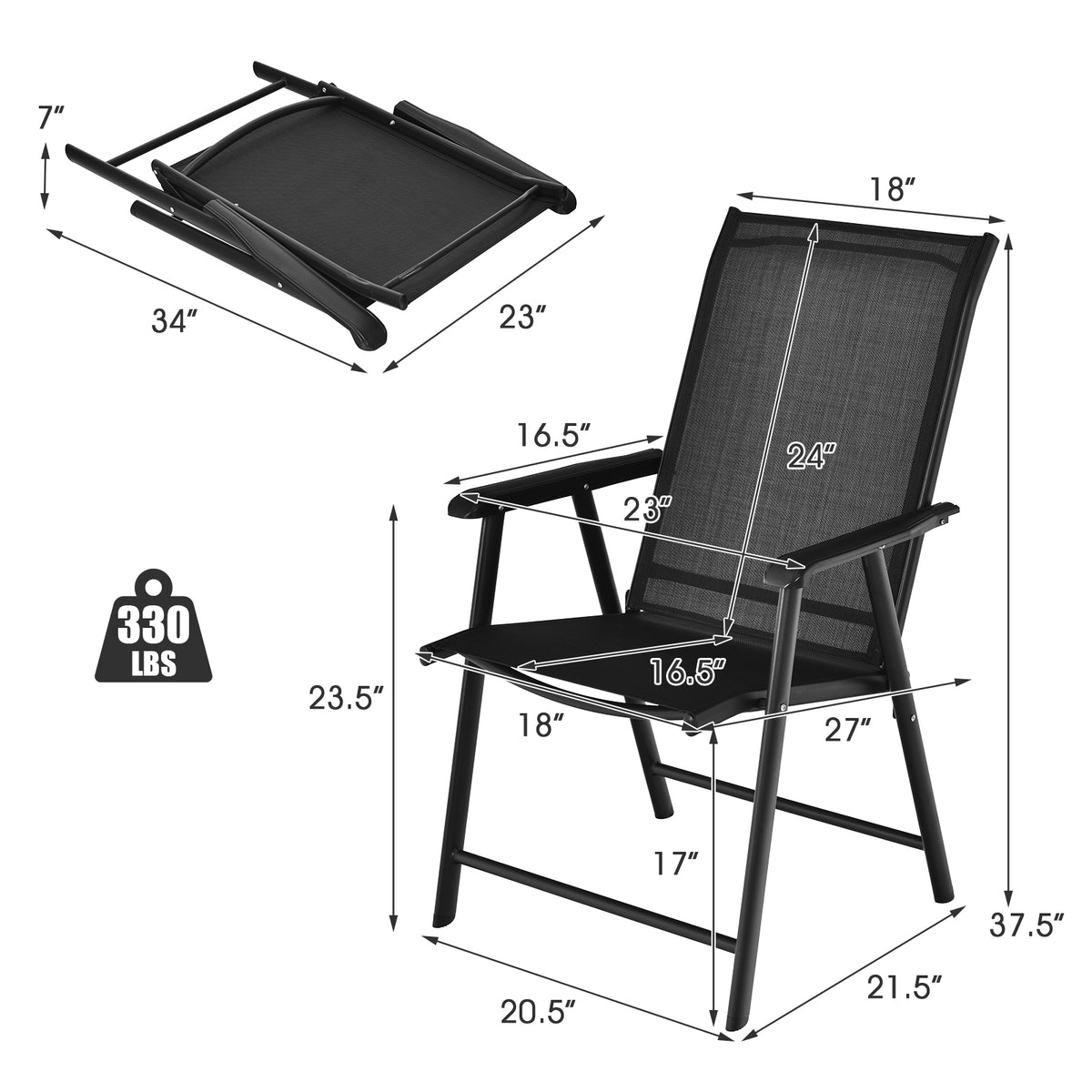Set of 2 Outdoor Patio Folding Chair with Ergonomic Armrests-Black-Patio Dining Chairs-DECOROLALA