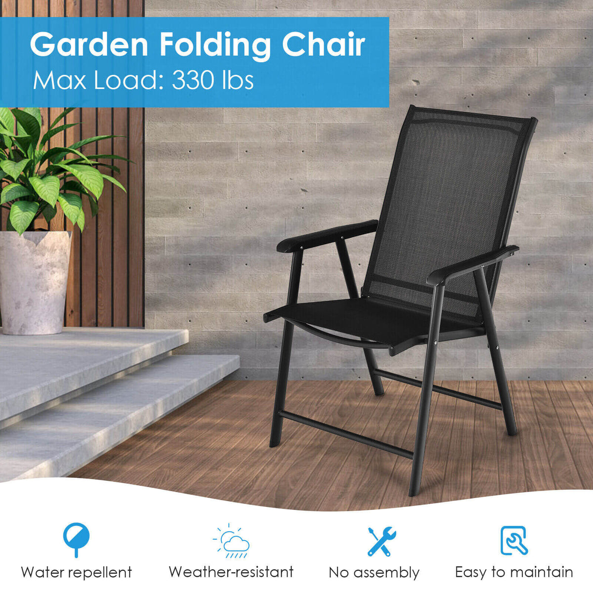 Set of 2 Outdoor Patio Folding Chair with Ergonomic Armrests-Black-Patio Dining Chairs-DECOROLALA