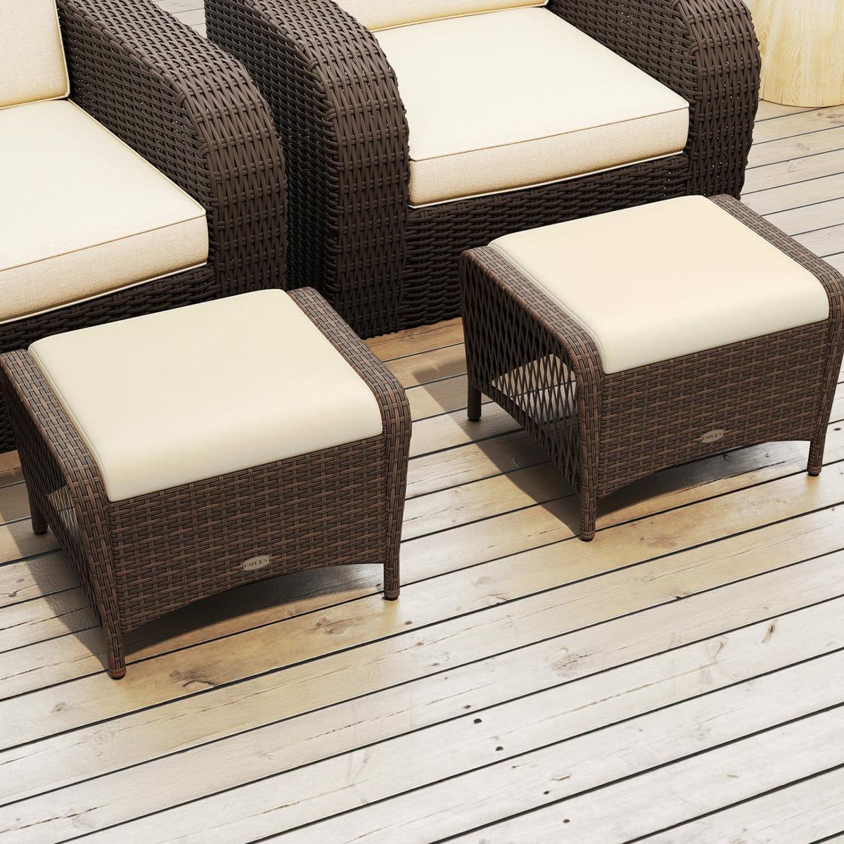 Set of 2 Outdoor Patio PE Wicker Ottomans with Removable Cushions-Beige-Outdoor Chairs & Seating-DECOROLALA
