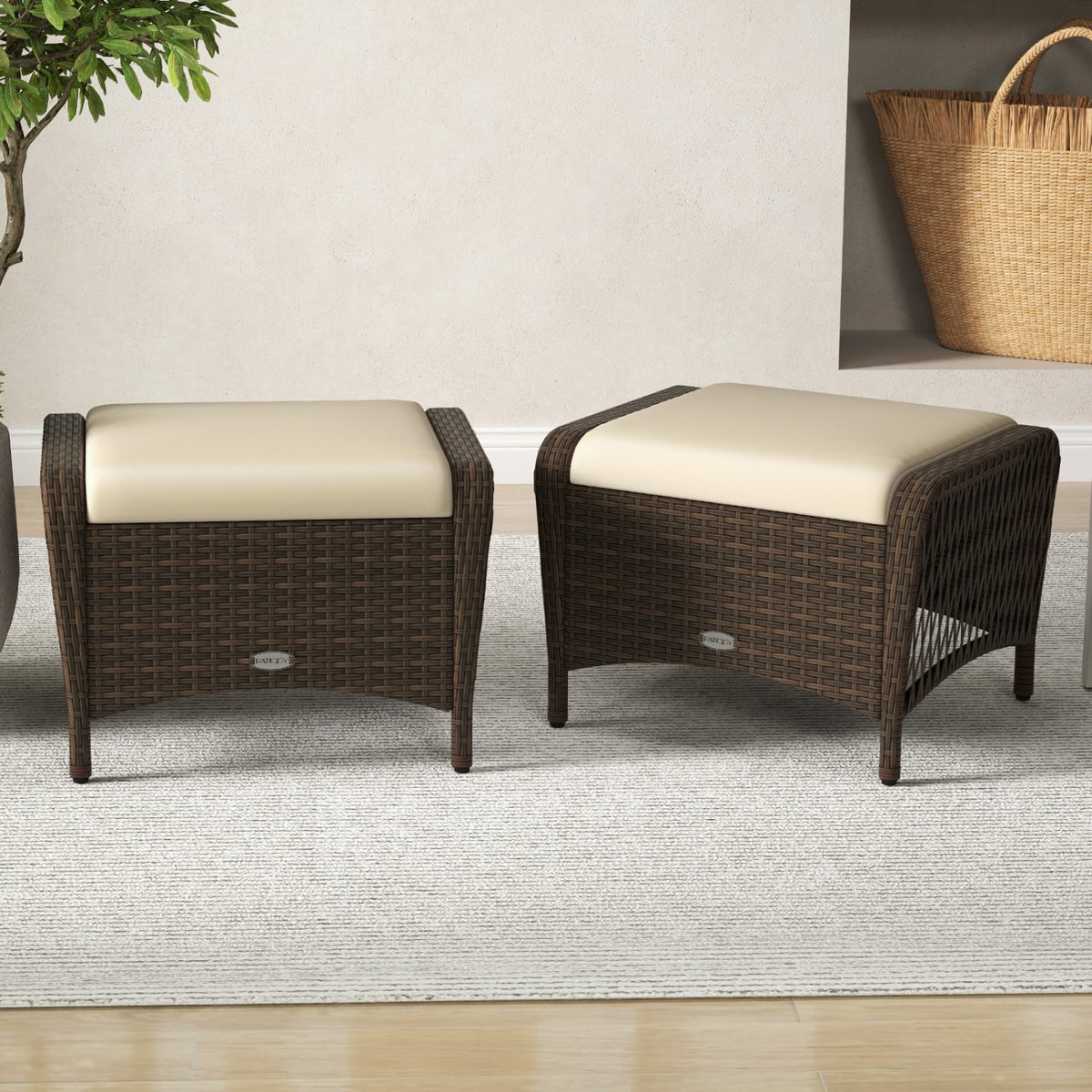 Set of 2 Outdoor Patio PE Wicker Ottomans with Removable Cushions-Beige-Outdoor Chairs & Seating-DECOROLALA