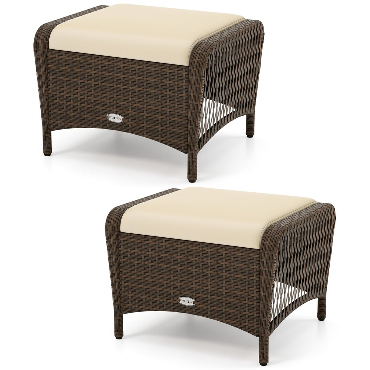 Set of 2 Outdoor Patio PE Wicker Ottomans with Removable Cushions-Beige-Outdoor Chairs & Seating-DECOROLALA