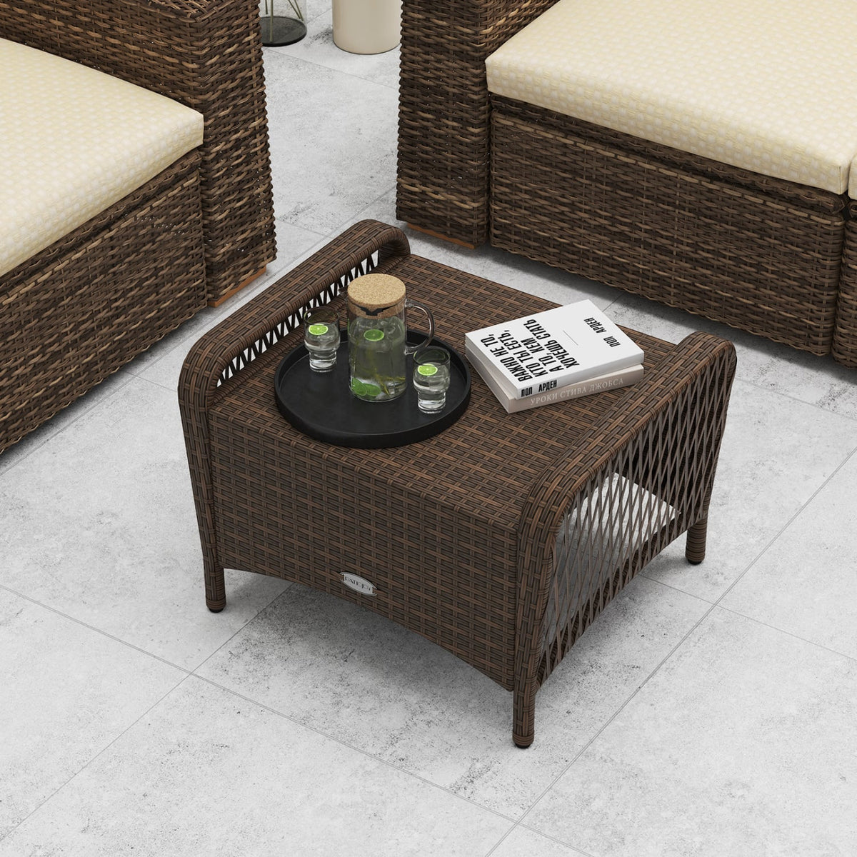 Set of 2 Outdoor Patio PE Wicker Ottomans with Removable Cushions-Beige-Outdoor Chairs & Seating-DECOROLALA