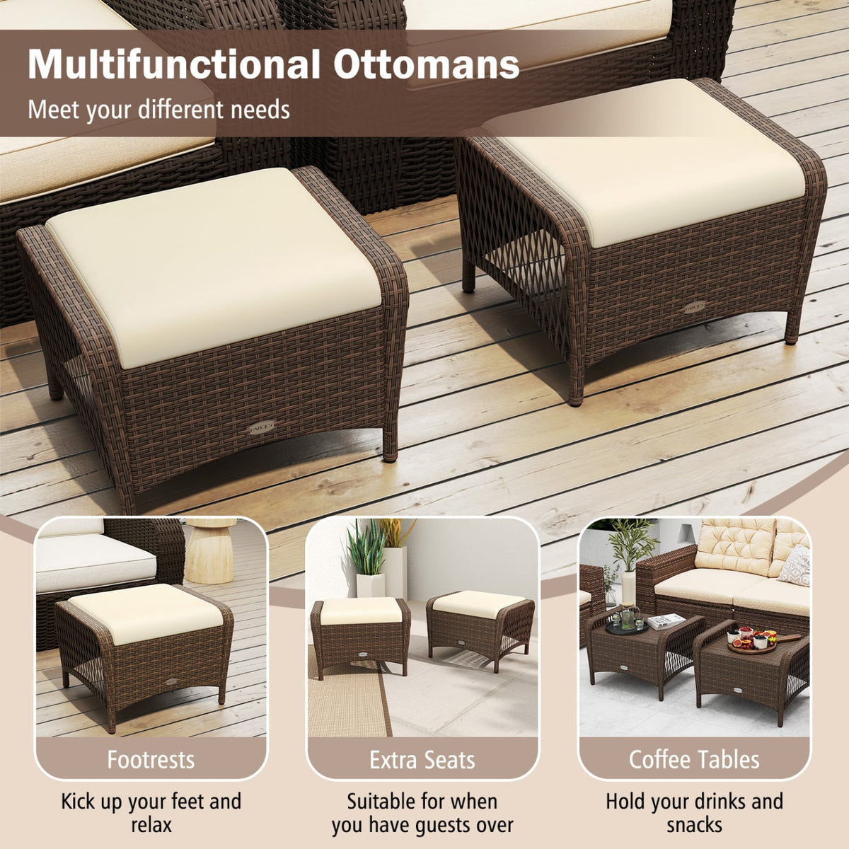 Set of 2 Outdoor Patio PE Wicker Ottomans with Removable Cushions-Beige-Outdoor Chairs & Seating-DECOROLALA