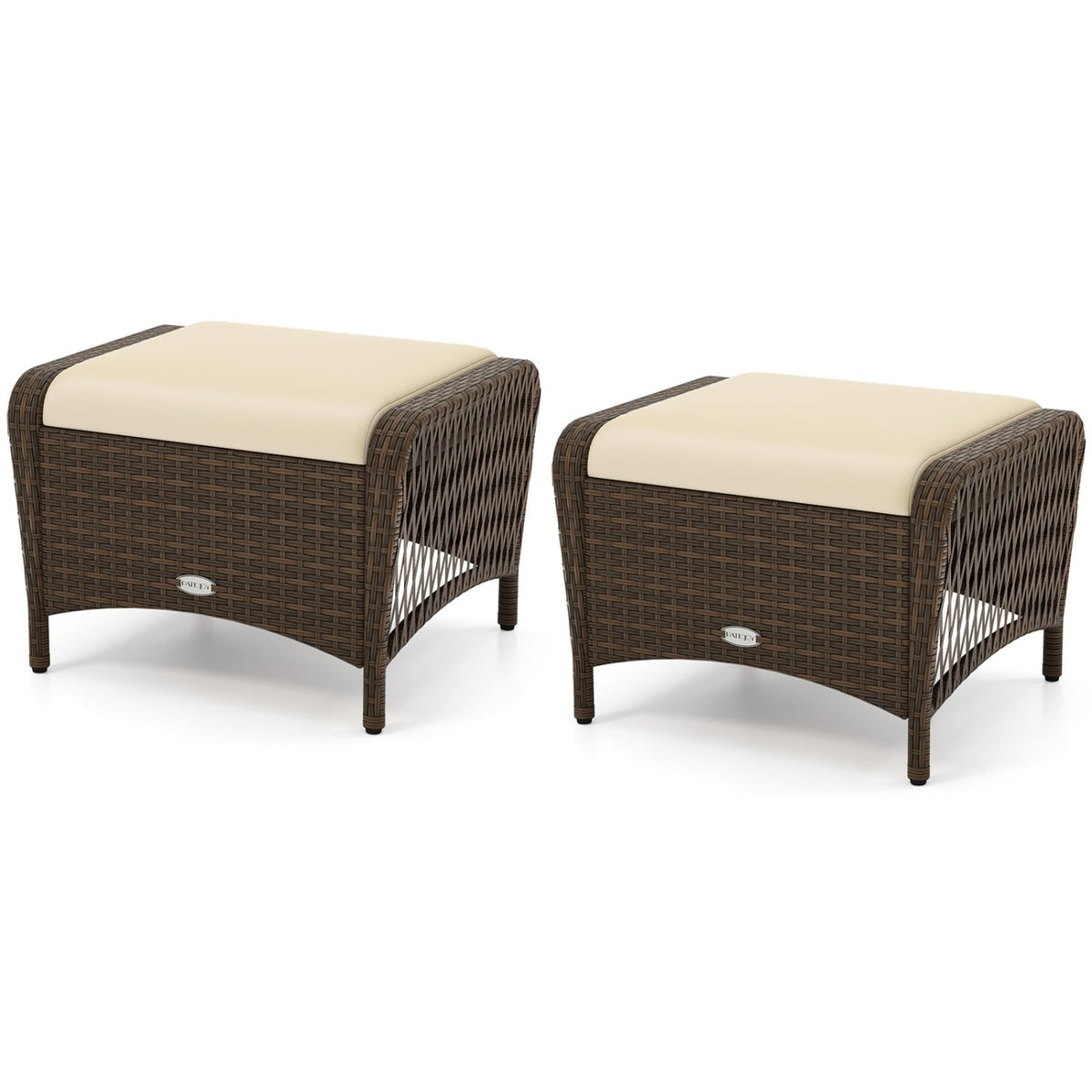 Set of 2 Outdoor Patio PE Wicker Ottomans with Removable Cushions-Beige-Outdoor Chairs & Seating-DECOROLALA