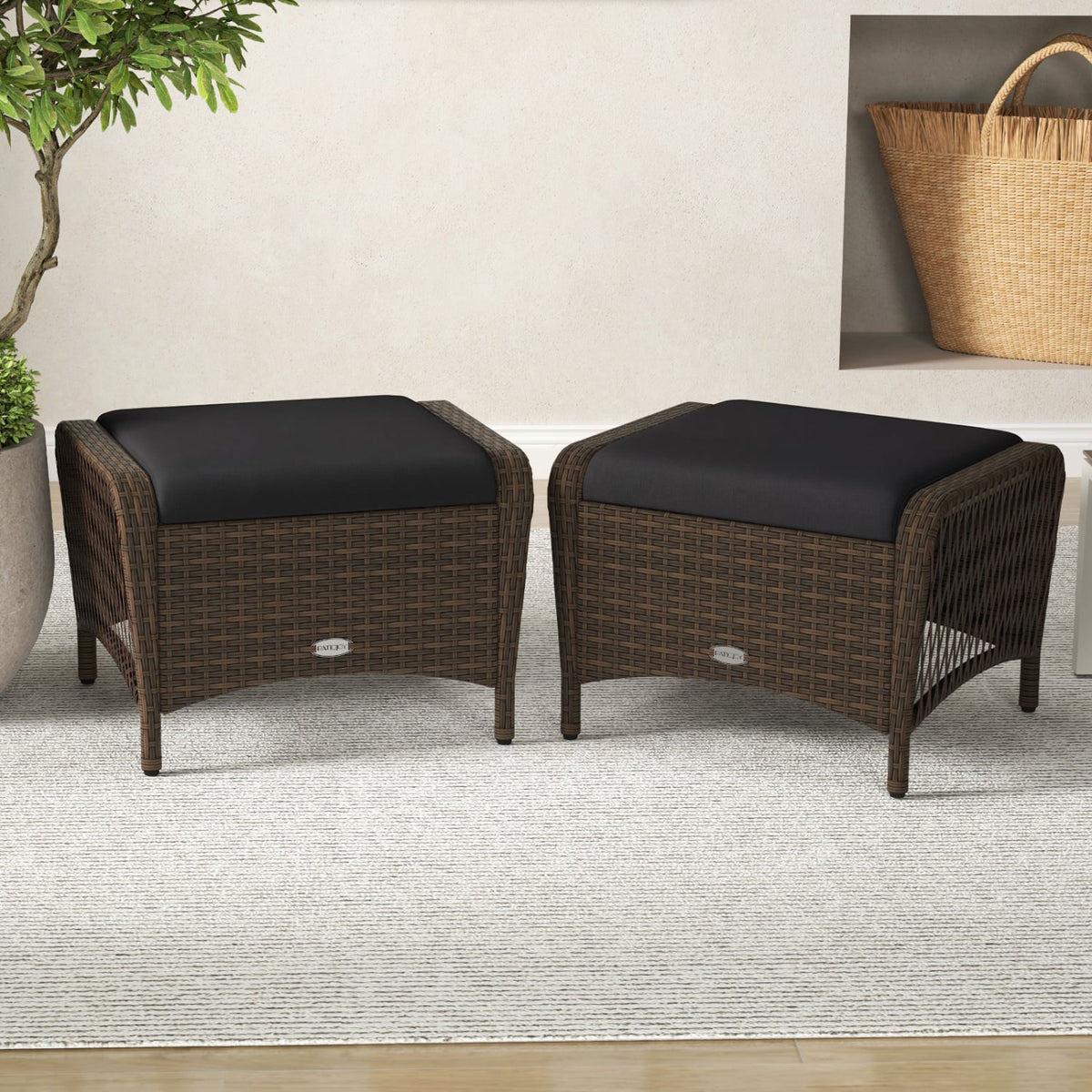 Set of 2 Outdoor Patio PE Wicker Ottomans with Removable Cushions-Black-Outdoor Chairs & Seating-DECOROLALA