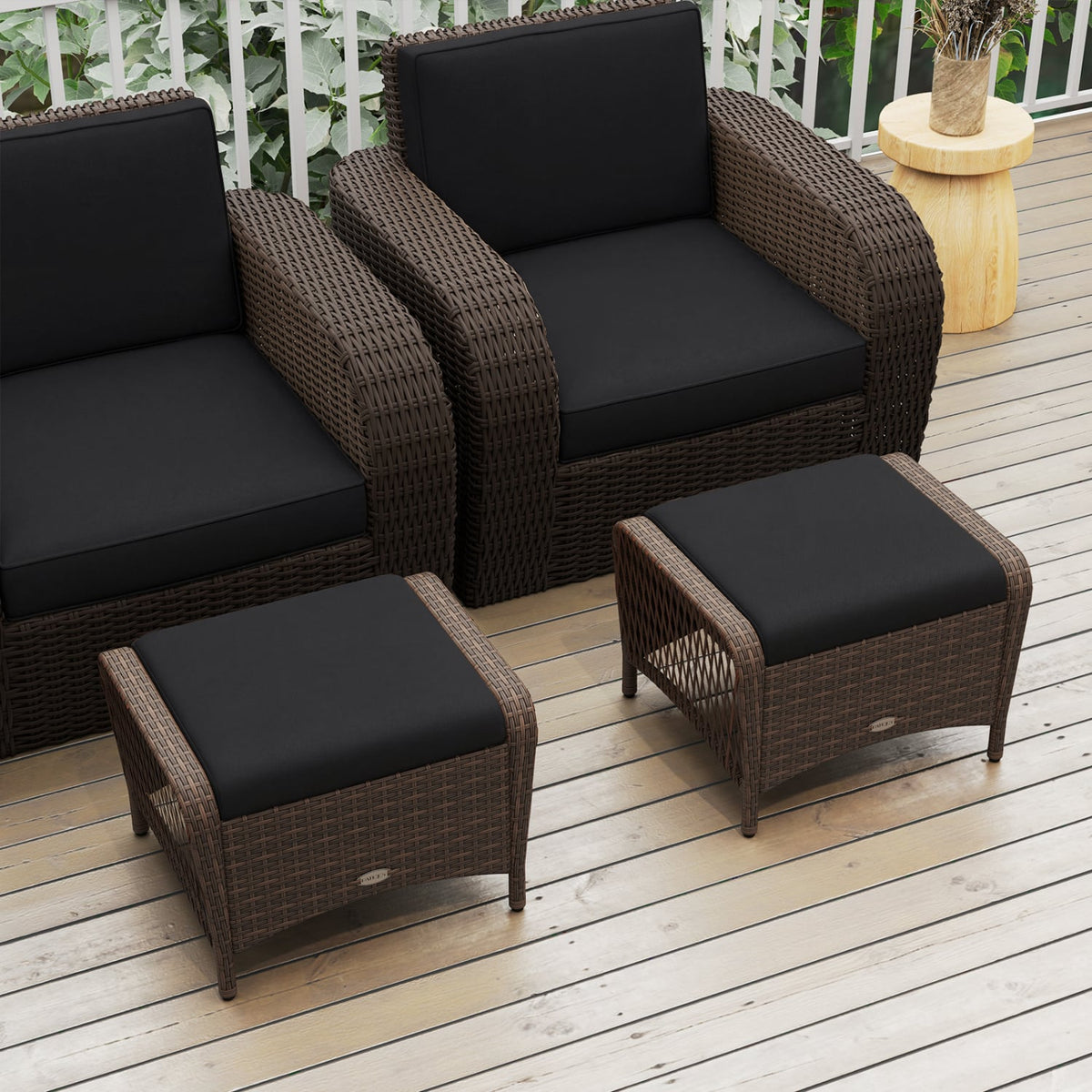Set of 2 Outdoor Patio PE Wicker Ottomans with Removable Cushions-Black-Outdoor Chairs & Seating-DECOROLALA