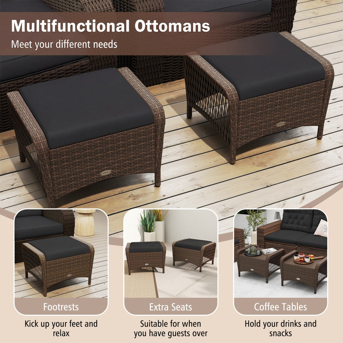 Set of 2 Outdoor Patio PE Wicker Ottomans with Removable Cushions-Black-Outdoor Chairs & Seating-DECOROLALA