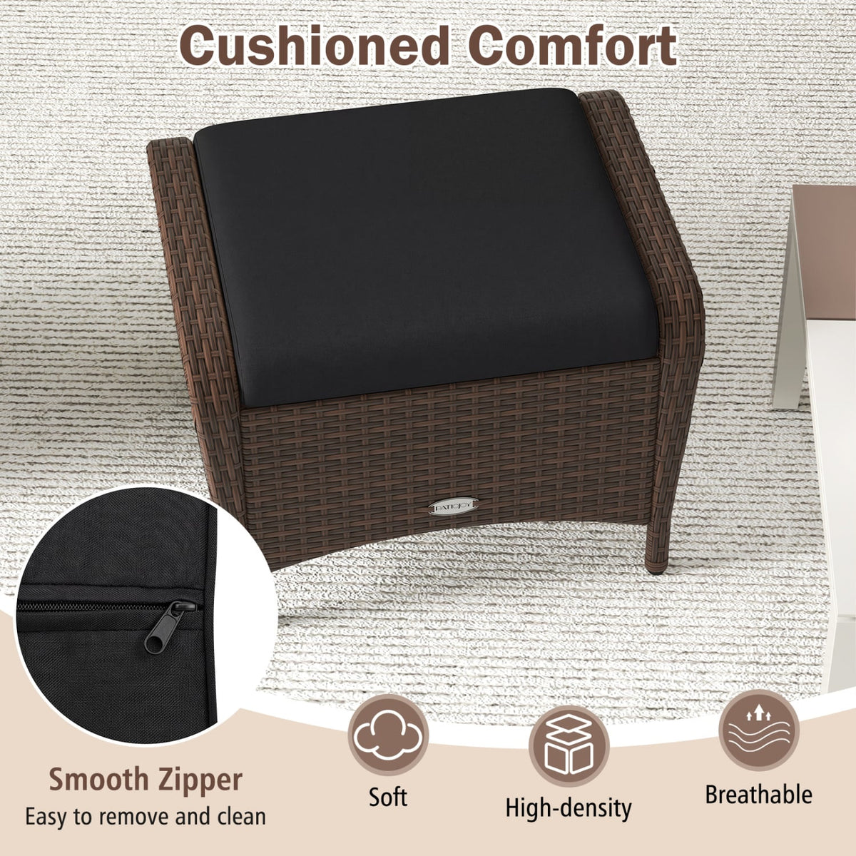 Set of 2 Outdoor Patio PE Wicker Ottomans with Removable Cushions-Black-Outdoor Chairs & Seating-DECOROLALA