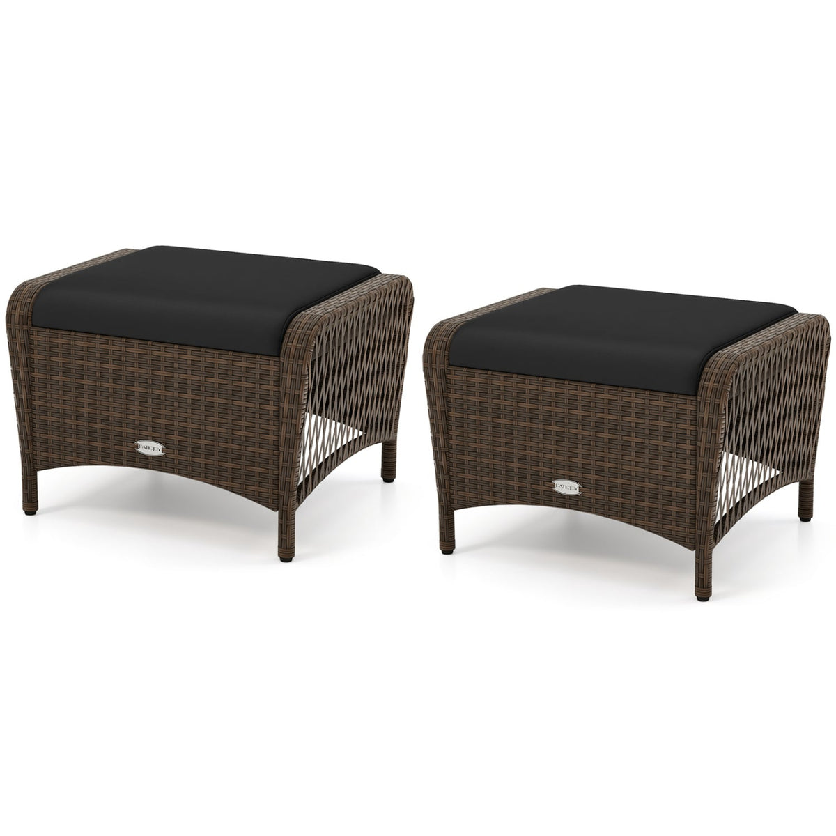 Set of 2 Outdoor Patio PE Wicker Ottomans with Removable Cushions-Black-Outdoor Chairs & Seating-DECOROLALA