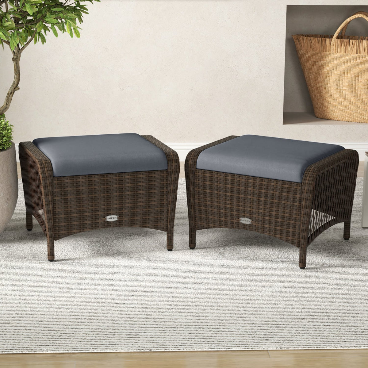 Set of 2 Outdoor Patio PE Wicker Ottomans with Removable Cushions-Grey-Outdoor Chairs & Seating-DECOROLALA