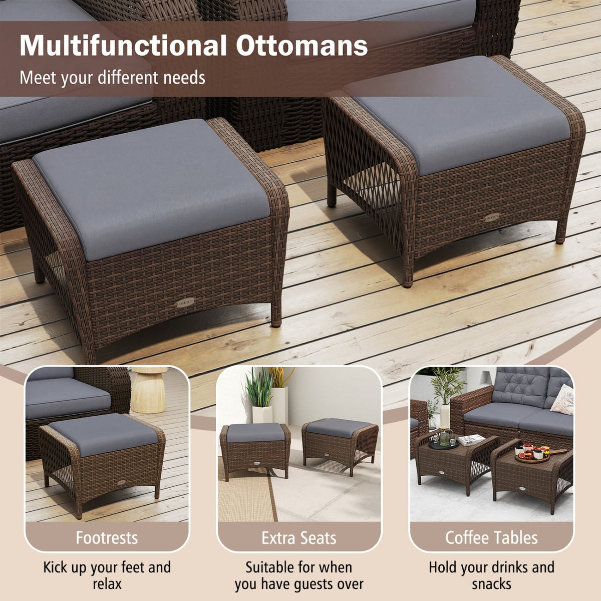 Set of 2 Outdoor Patio PE Wicker Ottomans with Removable Cushions-Grey-Outdoor Chairs & Seating-DECOROLALA