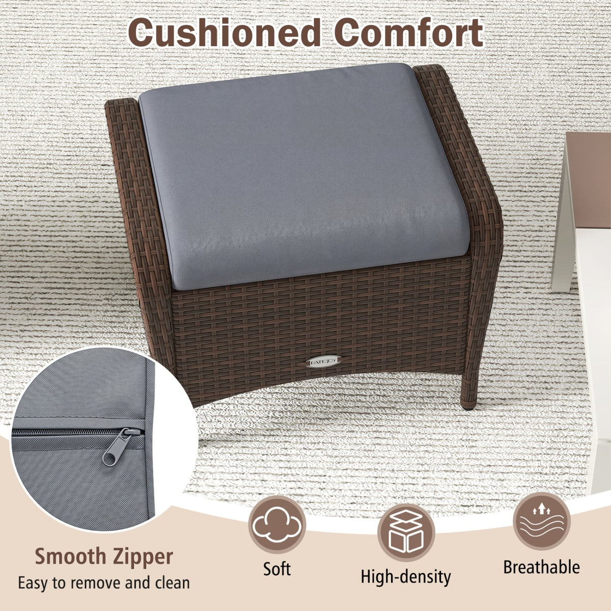 Set of 2 Outdoor Patio PE Wicker Ottomans with Removable Cushions-Grey-Outdoor Chairs & Seating-DECOROLALA