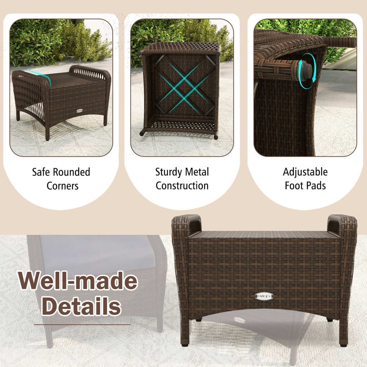 Set of 2 Outdoor Patio PE Wicker Ottomans with Removable Cushions-Grey-Outdoor Chairs & Seating-DECOROLALA