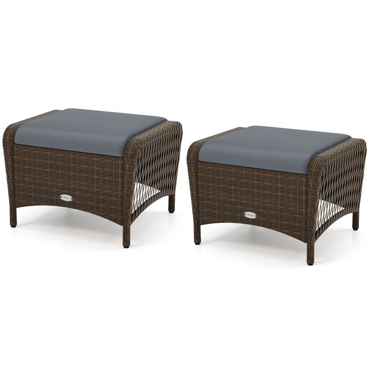 Set of 2 Outdoor Patio PE Wicker Ottomans with Removable Cushions-Grey-Outdoor Chairs & Seating-DECOROLALA