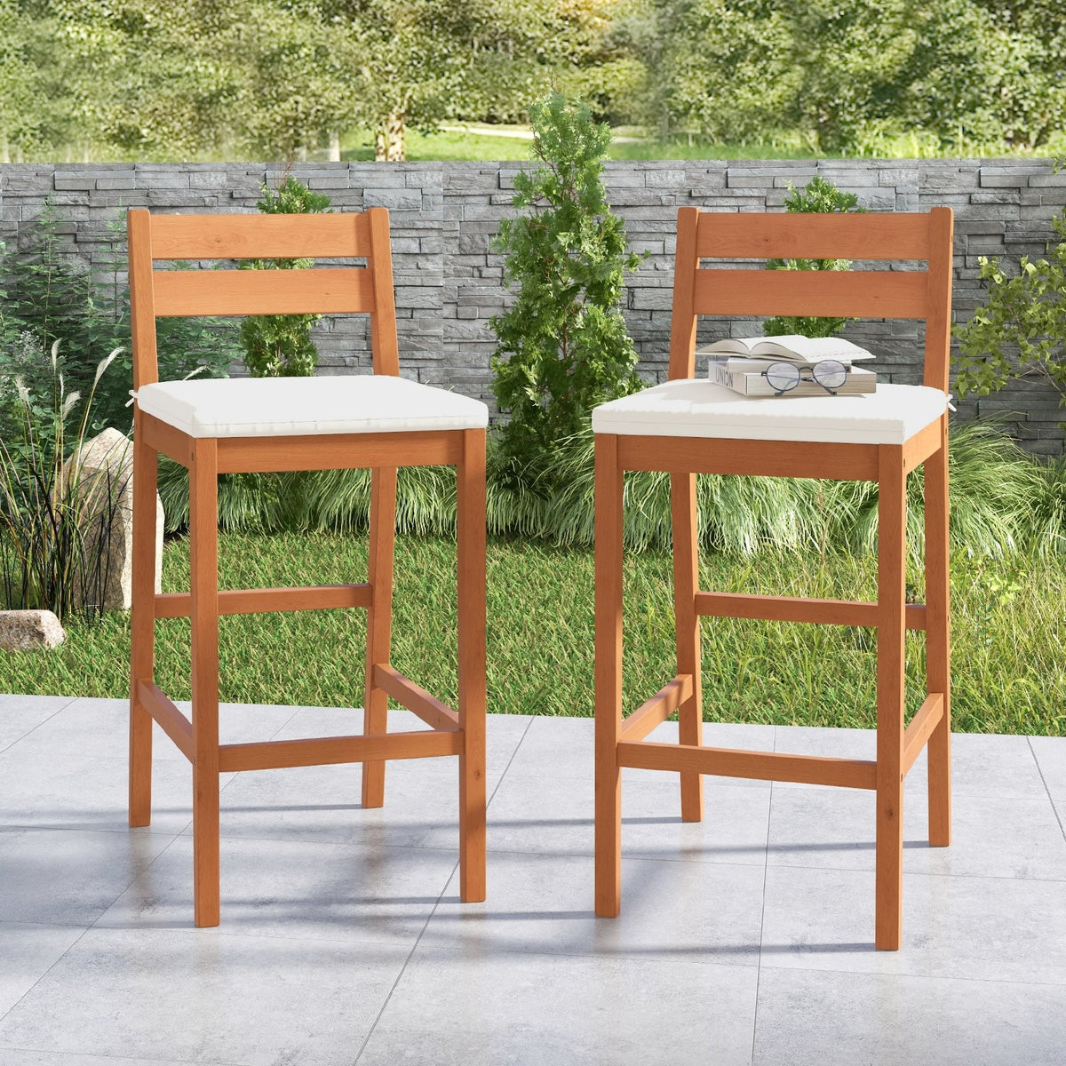 Set of 2 Outdoor Wood Barstools with Soft Seat Cushion-Off White-Outdoor Bar Furniture-DECOROLALA