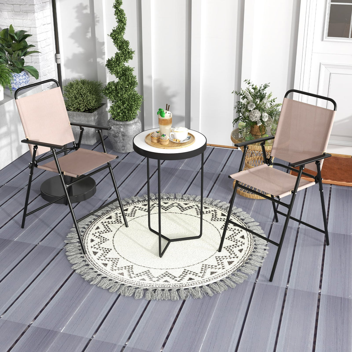 Set of 2 Patio Folding Bar-Height Chairs with Armrests and Quick-Drying Seat-Beige-Outdoor Bar Furniture-DECOROLALA