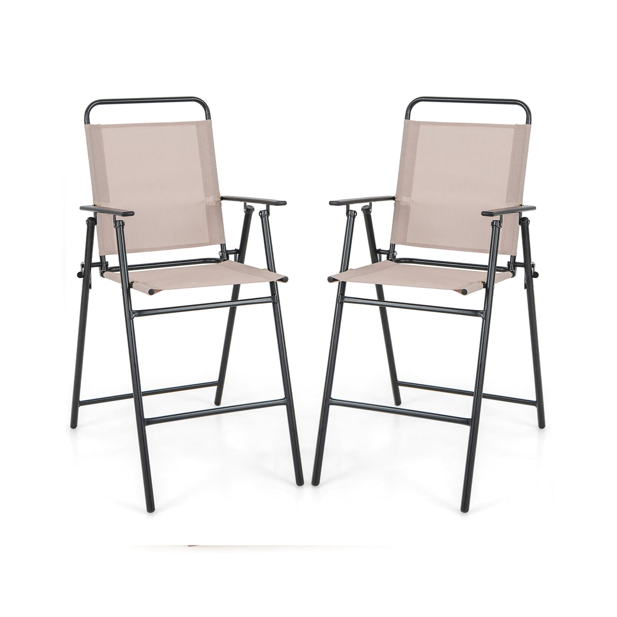 Set of 2 Patio Folding Bar-Height Chairs with Armrests and Quick-Drying Seat-Beige-Outdoor Bar Furniture-DECOROLALA
