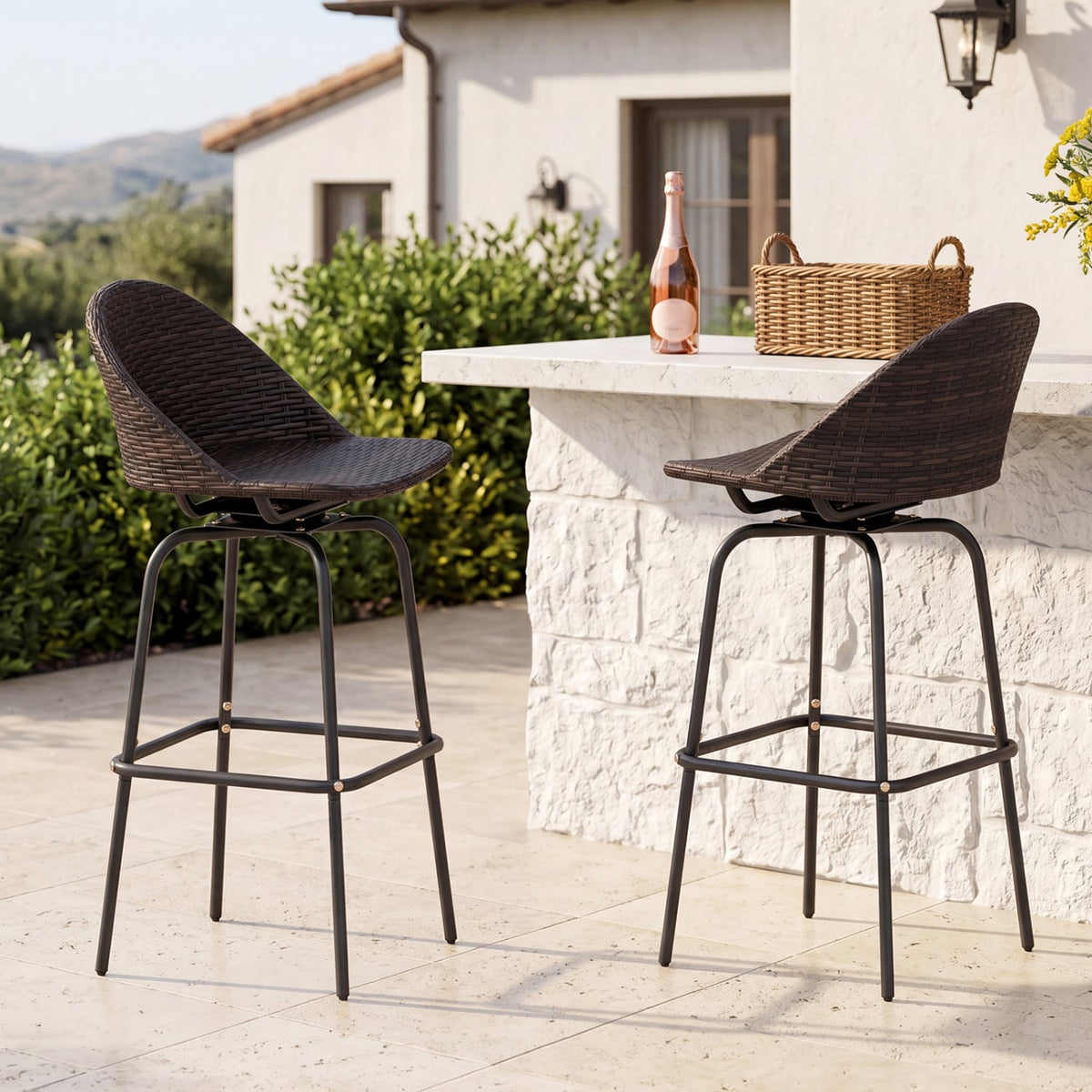 Set of 2 Patio Swivel Bar Stools with Rattan Seat 400 LBS for Garden-Brown-Outdoor Bar Furniture-DECOROLALA