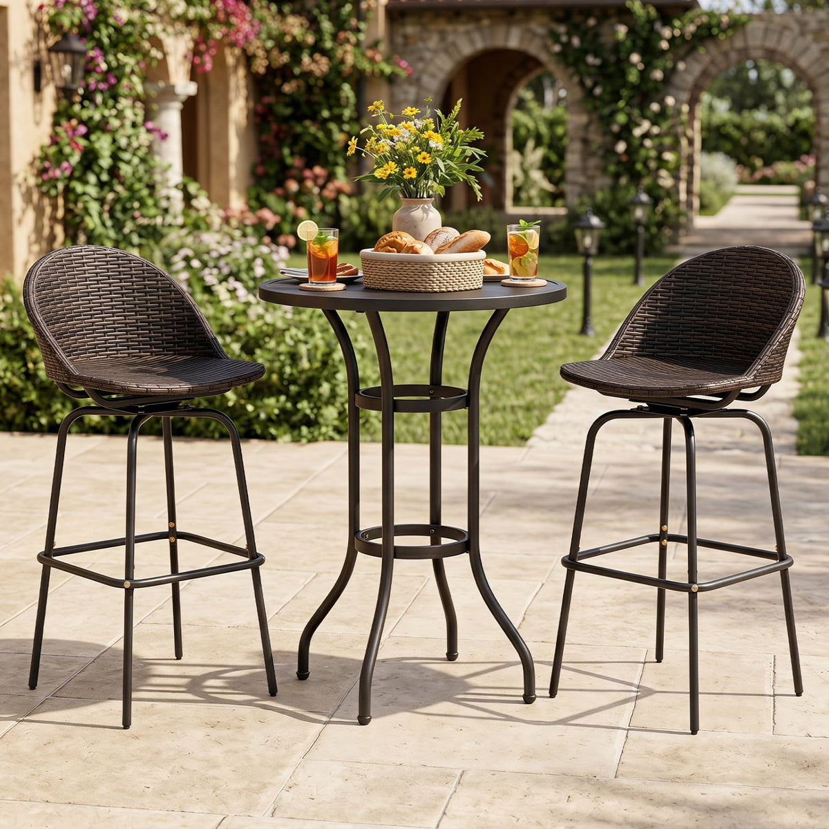Set of 2 Patio Swivel Bar Stools with Rattan Seat 400 LBS for Garden-Brown-Outdoor Bar Furniture-DECOROLALA
