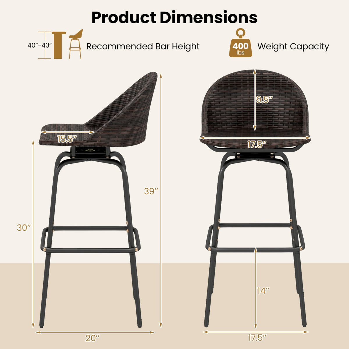 Set of 2 Patio Swivel Bar Stools with Rattan Seat 400 LBS for Garden-Brown-Outdoor Bar Furniture-DECOROLALA