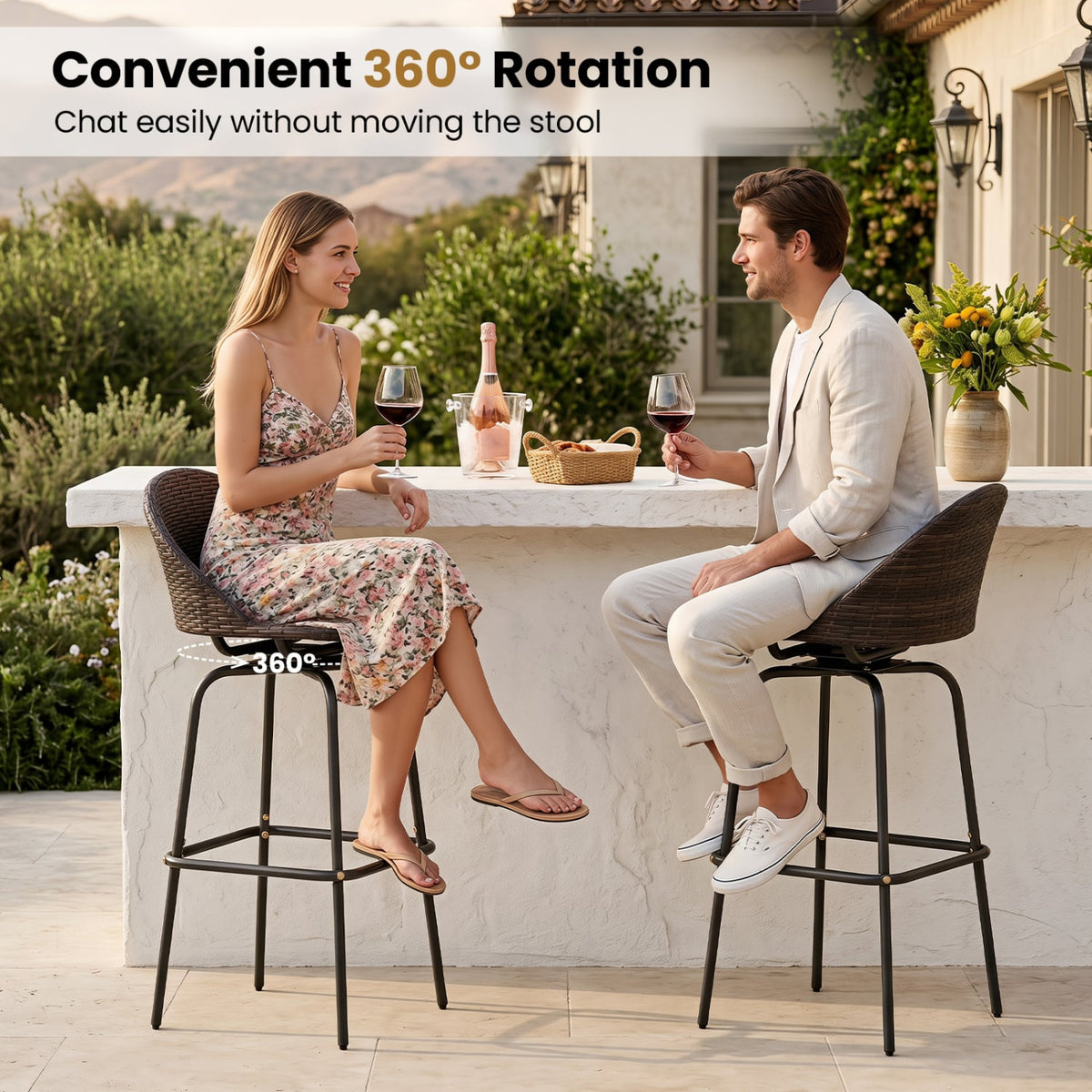 Set of 2 Patio Swivel Bar Stools with Rattan Seat 400 LBS for Garden-Brown-Outdoor Bar Furniture-DECOROLALA