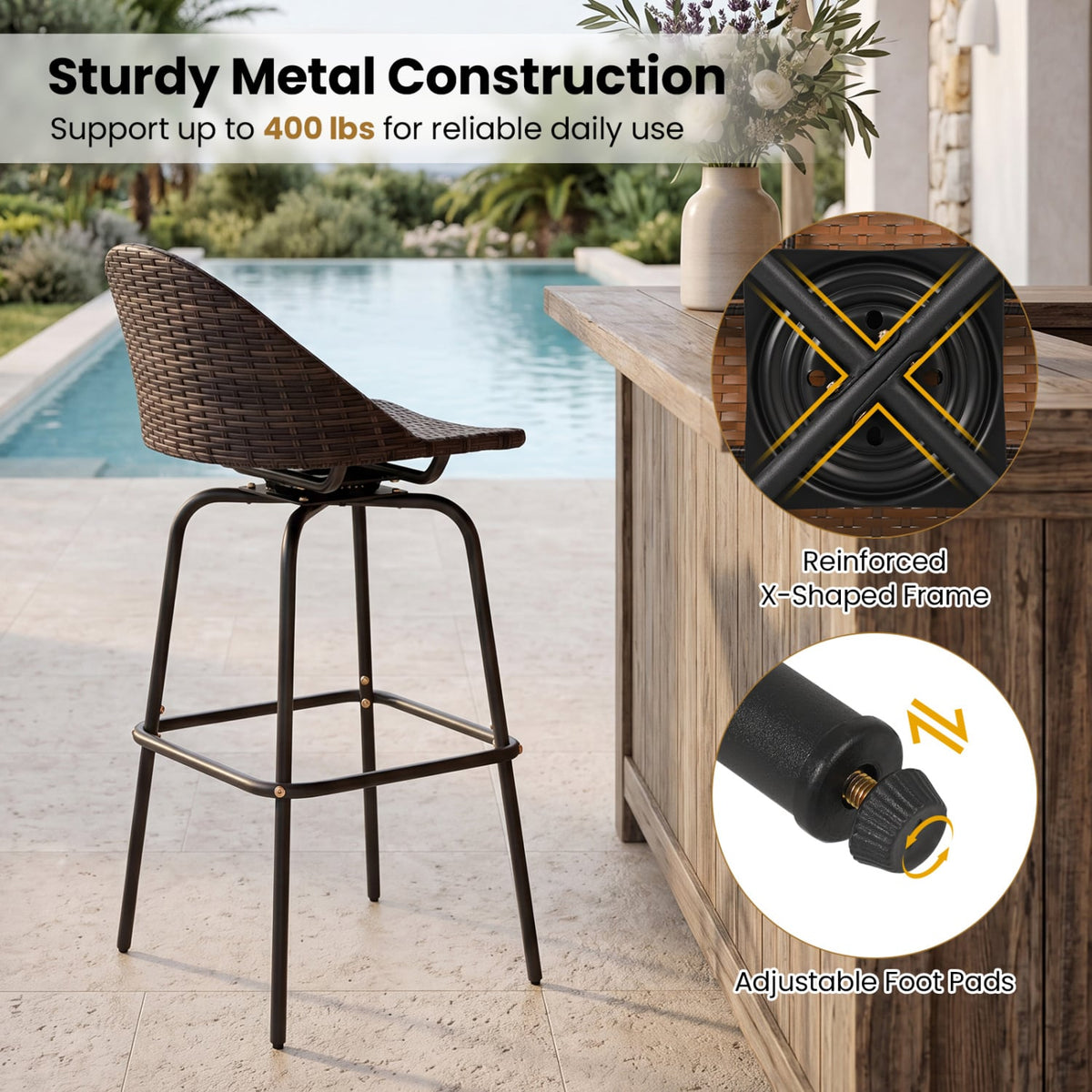 Set of 2 Patio Swivel Bar Stools with Rattan Seat 400 LBS for Garden-Brown-Outdoor Bar Furniture-DECOROLALA