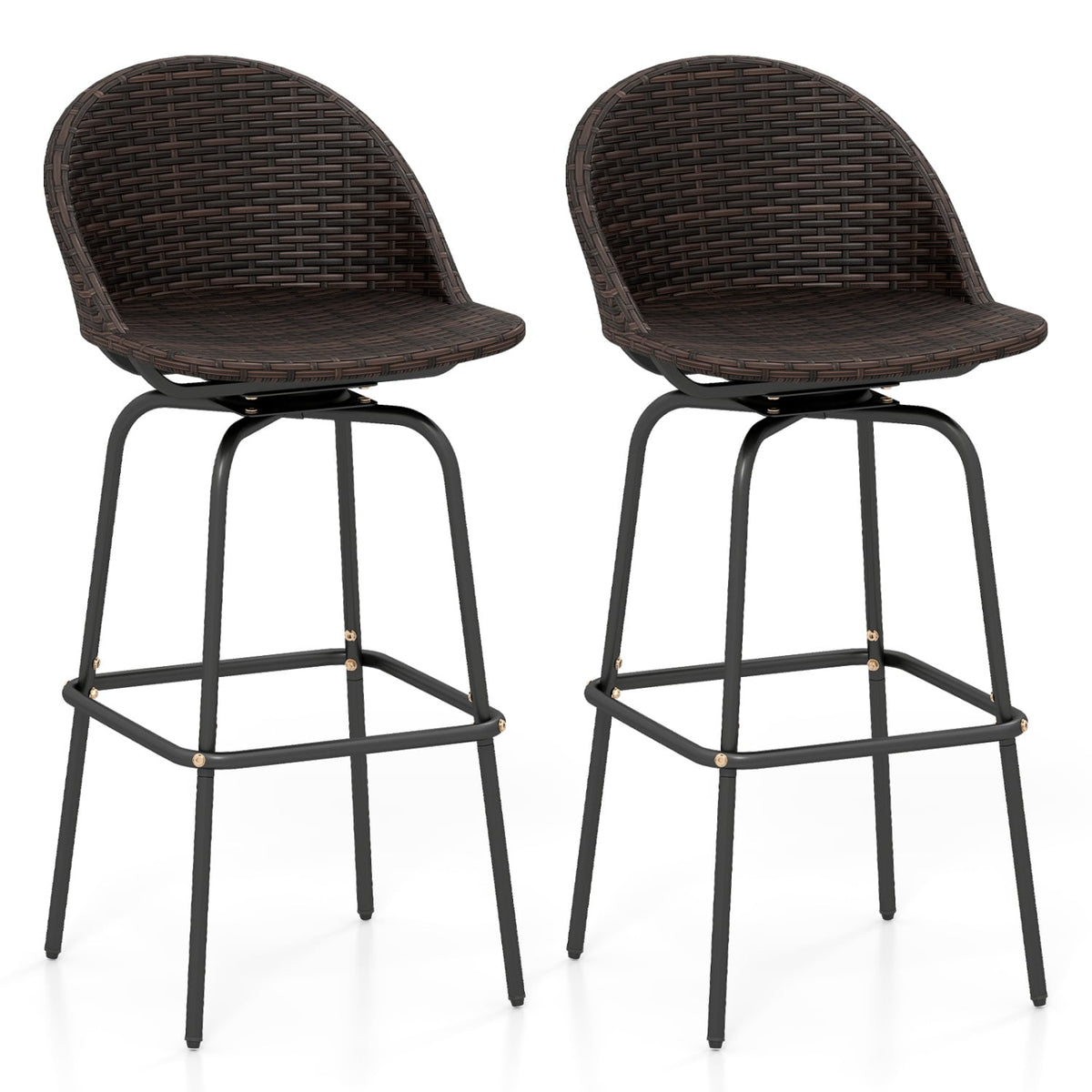 Set of 2 Patio Swivel Bar Stools with Rattan Seat 400 LBS for Garden-Brown-Outdoor Bar Furniture-DECOROLALA