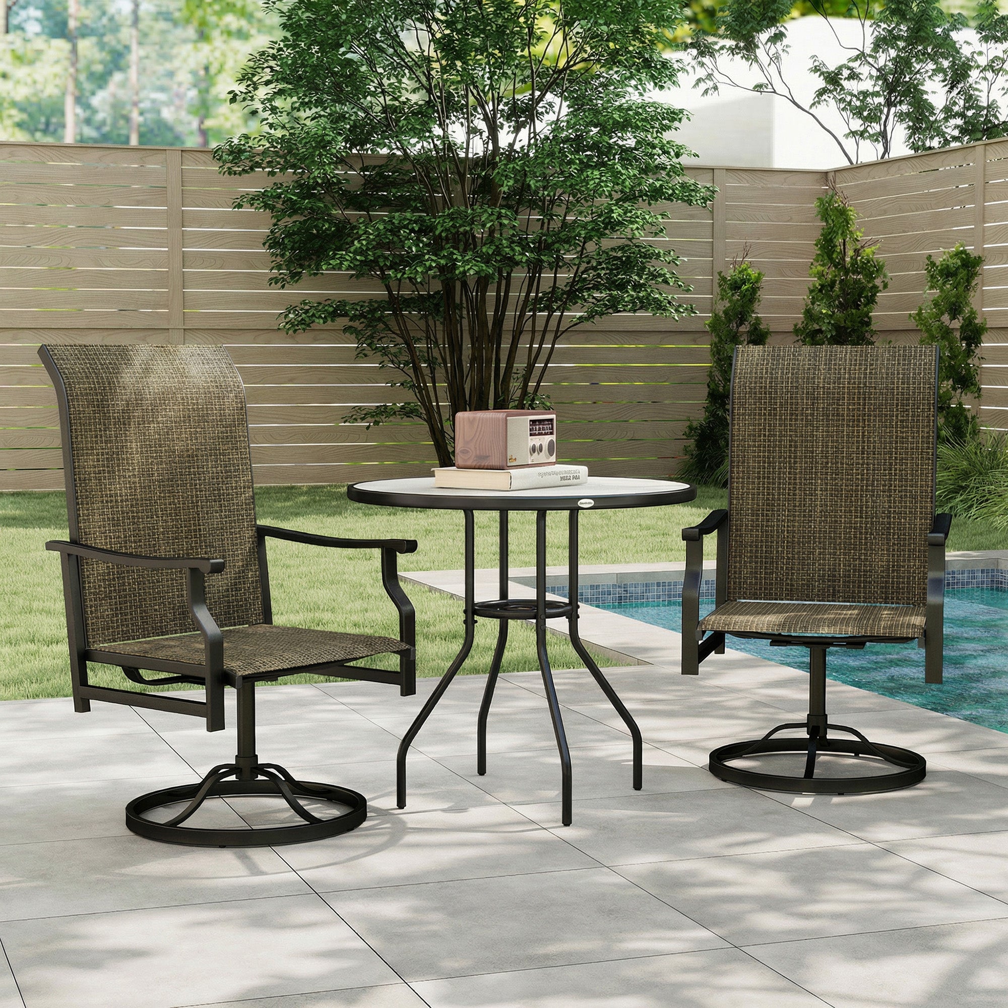 Set of 2 Patio Swivel Rocker Chairs - Brown High Back-DECOROLALA