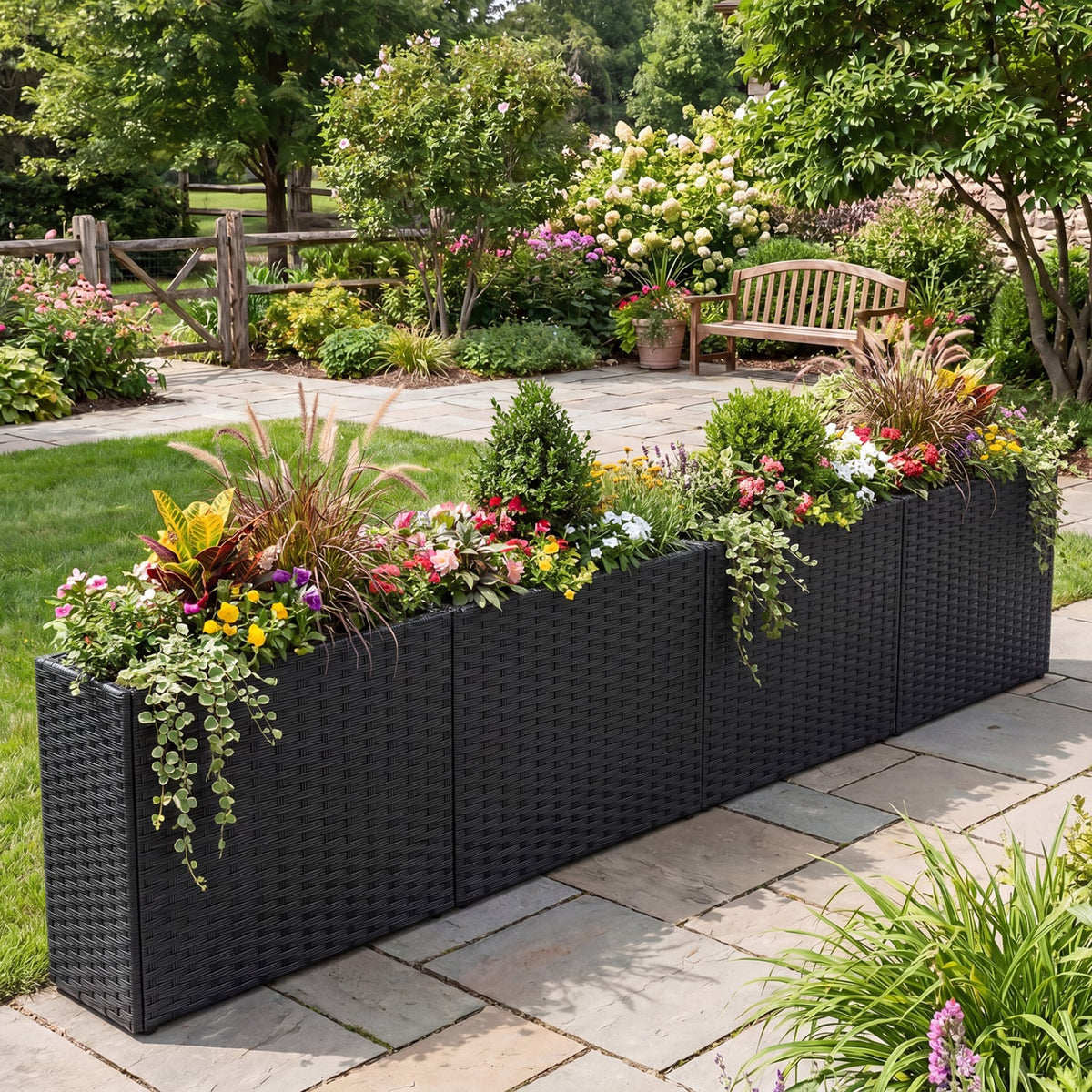 Set of 2 Raised Garden Bed All-Weather PE Rattan Wicker Flowerpot with Liner-Raised Garden Beds-DECOROLALA